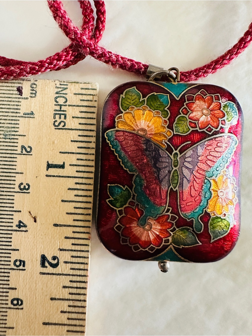 Vintage Cloisonné Pendant Necklace, Butterfly Floral, Red  Puffy 2 Sided - Picture 7 of 7
